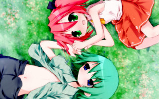 Anime girls grass blue green - their eye free wallpaper