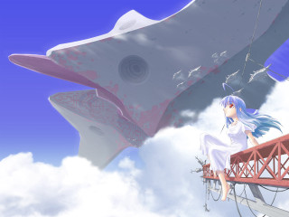 Woman bridging clouds shark blue - giantess art free wallpaper