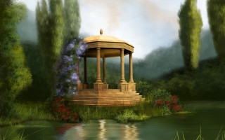 Gazebo park flowers pond painting - cherryl fountain free wallpaper for desktop