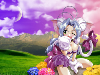Cartoon cat girl mountains fullmoon - flower in front free wallpaper