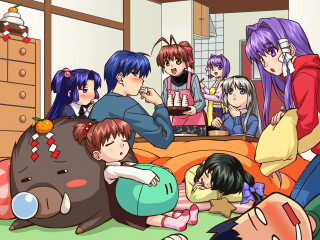 Massurrealism anime group bed room - a group of people sitting free wallpaper