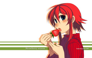 Red hair girl eating strawberry - a white background behind her free wallpaper