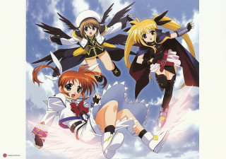 Anime girls flying wings cape - their arm free wallpaper