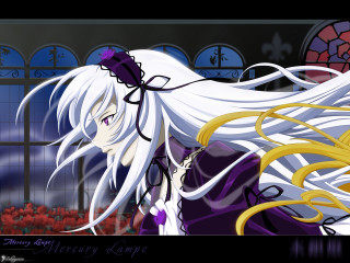 Long silver hair purple dress - a purple bow free wallpaper
