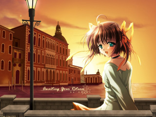 Girl lamp post cityscape neo - a clock tower in the background free wallpaper