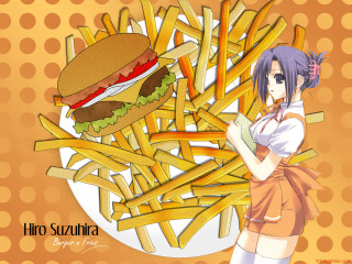 Girl fries hamburger orange waitress - a plate free wallpaper