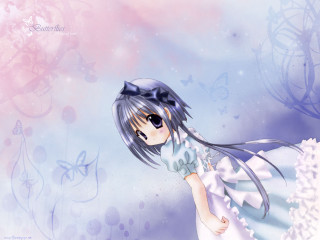 Girl white dress bow butterfly - her head and a butterfly free wallpaper