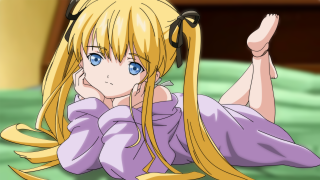 Blonde girl laying anime portrait - her stomach free wallpaper