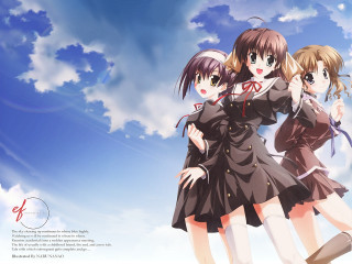 Three anime girls cloudy sky 5 - their neck free wallpaper
