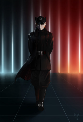 Man black uniform hologram red - dark background free wallpaper for mobile