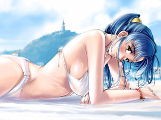 Beach castle bluehaired girl anime - a castle in the background free wallpaper
