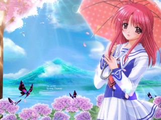 Pink hair girl umbrella flower - an umbrella in front free wallpaper