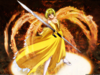 Yellow dress woman sword fire - official art free wallpaper for desktop