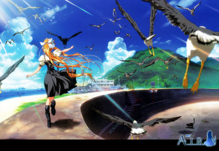 Girl beach birds flying magical - above her head free wallpaper for desktop