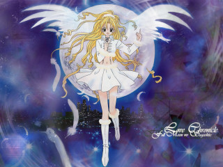 Anime girl blonde wings moon - star and a moon in the background free wallpaper