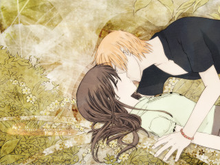 Couple kissing flowers leaves anime - behind them free wallpaper for desktop