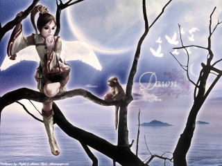 Girl tree monkey fullmoon dawn - a painting of a girl free wallpaper