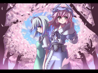 Anime girls cherry blossoms sword - one girl holding free wallpaper