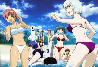 Beach girls bikinis blue hair - a man in the background free wallpaper for desktop
