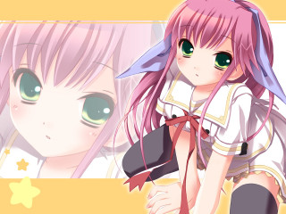 Pink hair green eyes schoolgirl - a yellow background free wallpaper