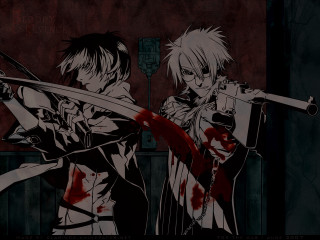 Anime bloodied swords gothic characters - a door in the background free wallpaper
