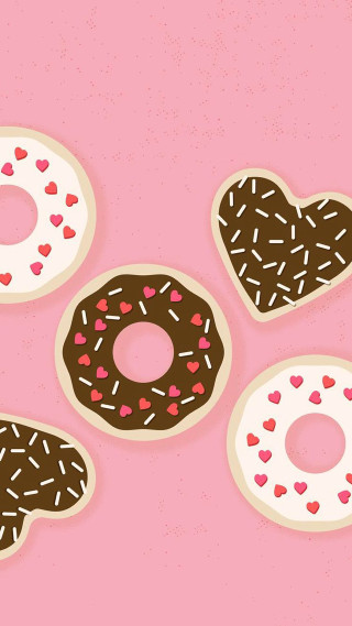 Pink background four donuts heart - cookie free wallpaper for mobile