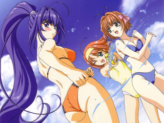 Three anime girls sky bathing - the sky together free wallpaper