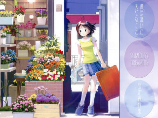 Girl suitcase flower shop morning - the background and a sign free wallpaper