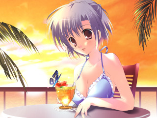 Purple hair beach sunset butterfly - a drink in front free wallpaper