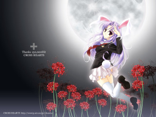 Anime girl field fullmoon flowers - a full moon behind her free wallpaper