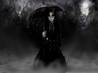 Gothic woman umbrella forest night - a full moon behind her free wallpaper