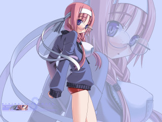 Anime girl pink hair blue 3 - black shoe free wallpaper