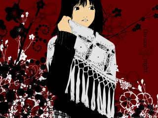 Woman scarf flower red background - anime art style free wallpaper