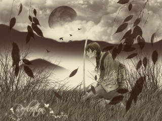 Woman kneeling field fullmoon fantasy - arthur pan free wallpaper