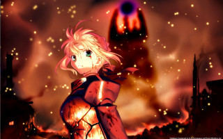 Anime girl fire sky red - a red light in the background free wallpaper for desktop