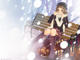Woman sitting bench snow coffee - a bench in the snow free wallpaper