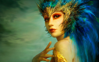 Woman feather headdress jewelry makeup - front of her face free wallpaper