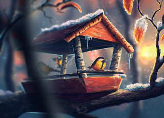 Bird boat snowy forest birdhouse - art station free wallpaper