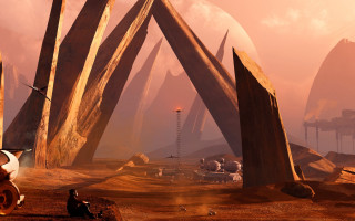 Futuristic landscape man bench trees - a futuristic landscape free wallpaper