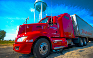 Red truck parking lot water - dennis flanders free wallpaper