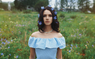 Woman blue dress flower field - a blue ribbon free wallpaper