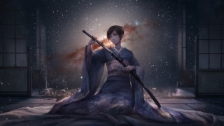 Woman kimono sword starry sky - a woman in a kimono holding free wallpaper for desktop