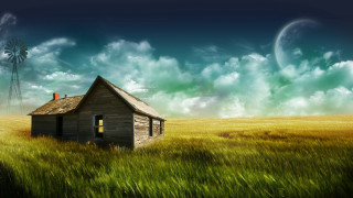 House field windmill clouds stars - a house in a field free wallpaper