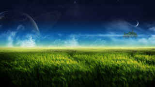 Green field house moon planet - a distant planet in the distance free wallpaper