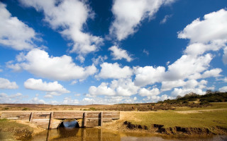 Bridge water clouds grassy landscape - a bridge in the middle of it free wallpaper