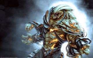 Fantasy biomechanical glowing sword armor - a foggy background free wallpaper