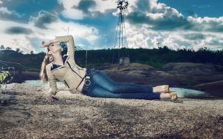 Woman windmill beach mountains sunset - a rock free wallpaper for desktop