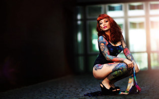 Tattooed woman sitting window bodypaint - a window in the background free wallpaper for desktop