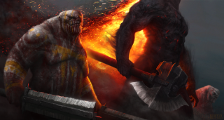 Demonic creature axe fire sky - flame and smoke free wallpaper