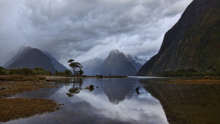 Mountain lake clouds sunset person - photograph free wallpaper for desktop